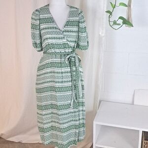 Ann Taylor midi wrap puff sleeve peasant dress green floral stripe embroidery 4P